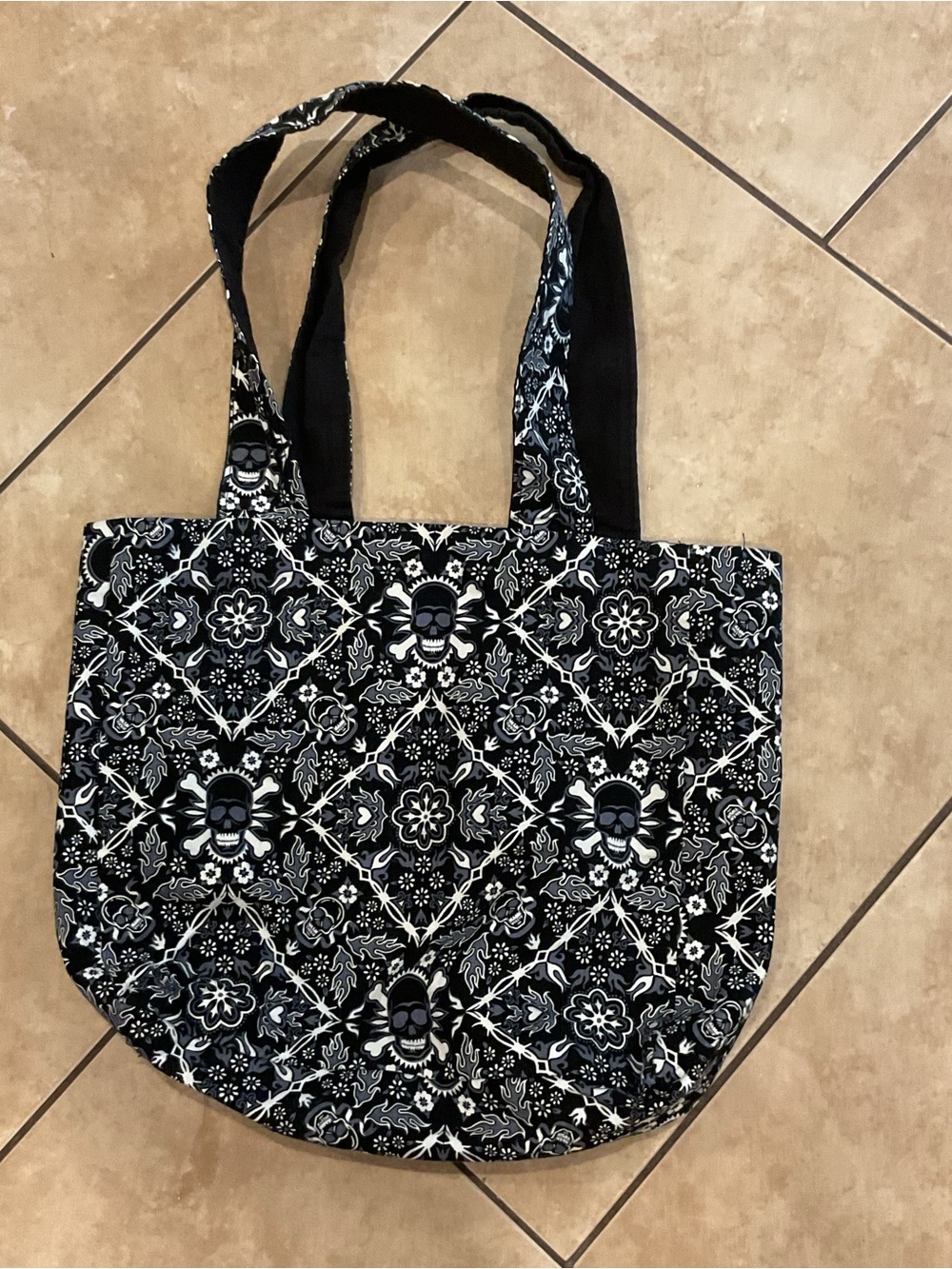 Black Patterned Tote Bag with Skull Motif